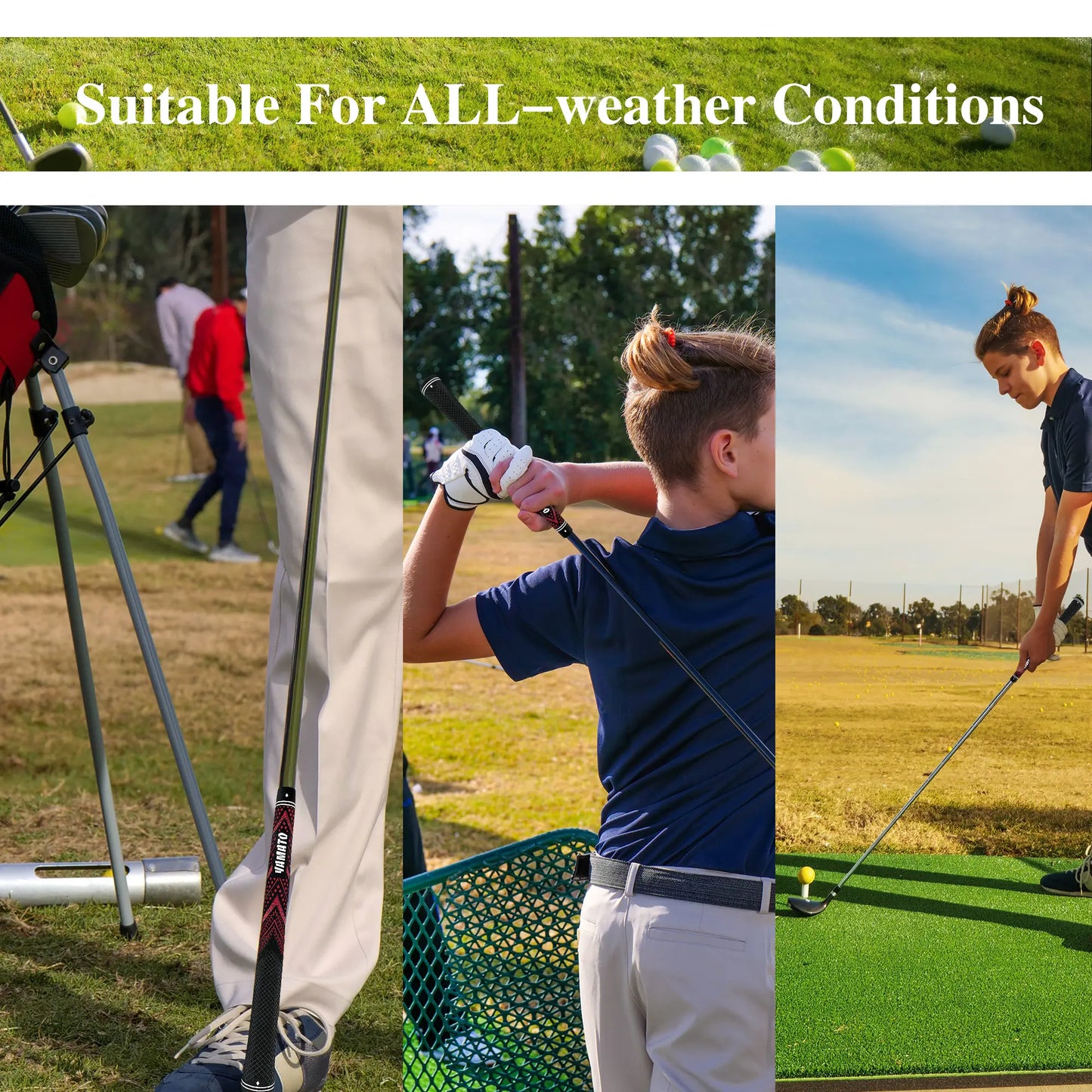 Golfer swinging club with Yamato red golf grip, demonstrating comfortable non-slip feel