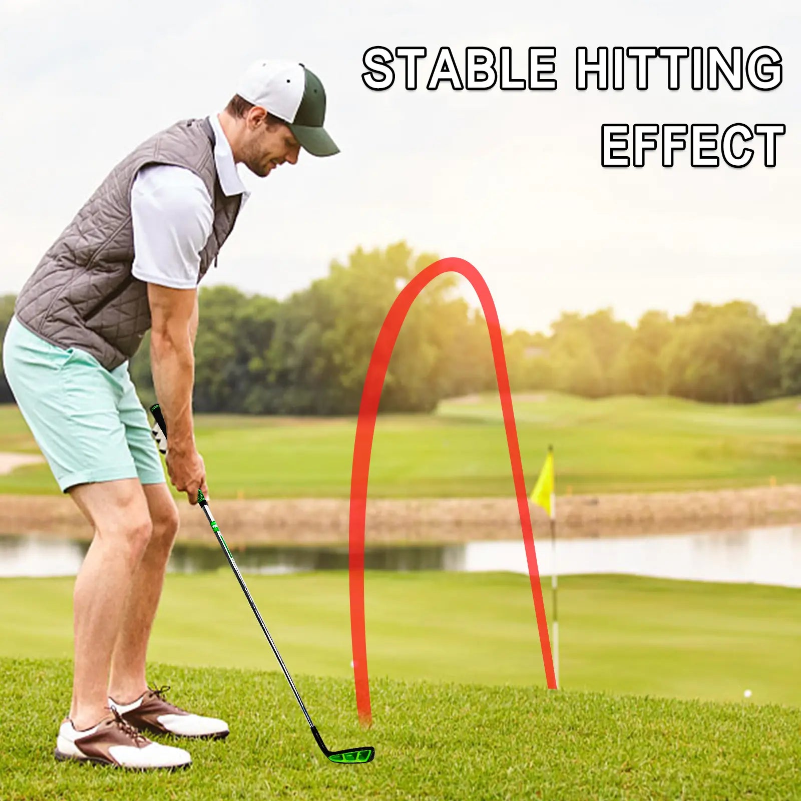 Golfer Using YAMATO Golf Chipper on Course – In Action Swing Shot