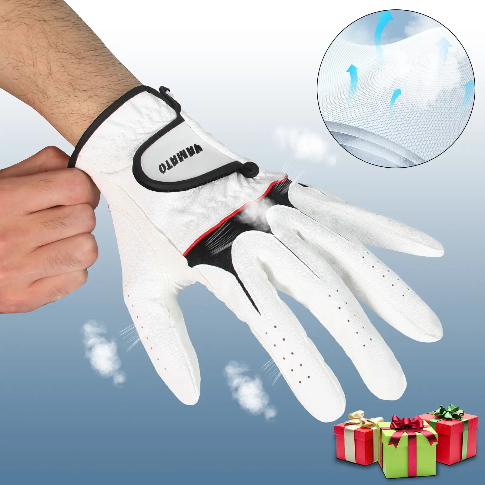 Close-up of breathable mesh fabric on Yamato golf glove