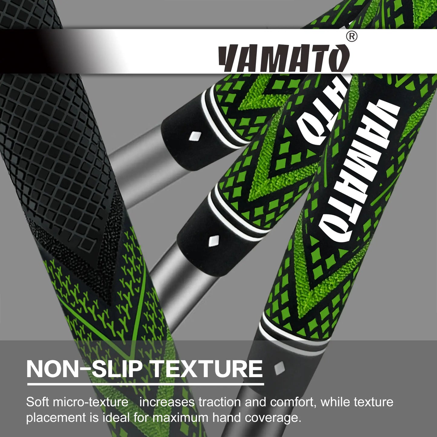 Close-up of Yamato green golf grip texture, non-slip pattern for secure grip in all conditions