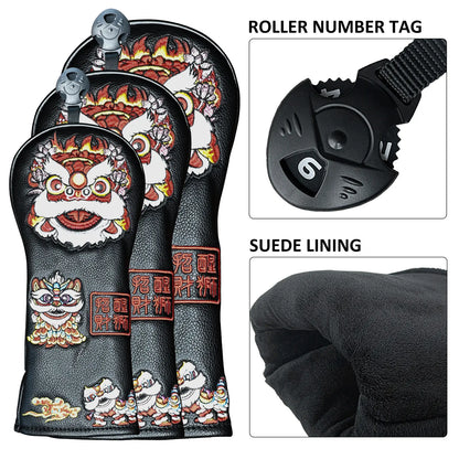 Rotating number tag on Yamato black lion golf club head cover for club identification