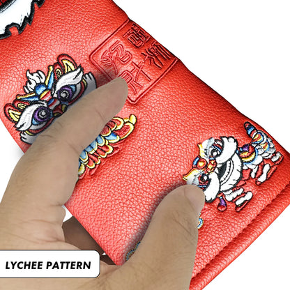 Material detail of Yamato red golf head cover with Dura-Leather and velvet lining
