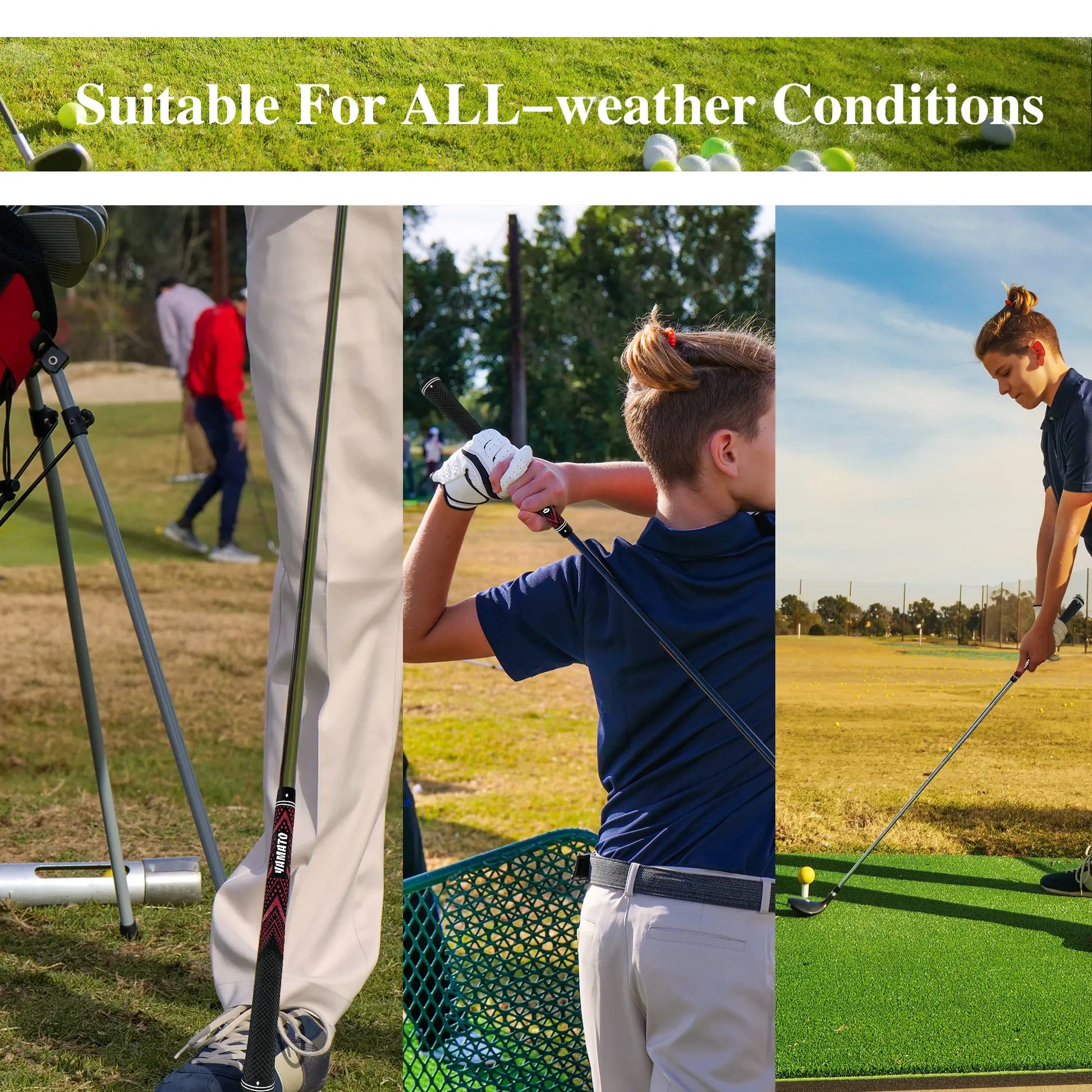 Golfer swinging club with Yamato red golf grip, demonstrating comfortable non-slip feel